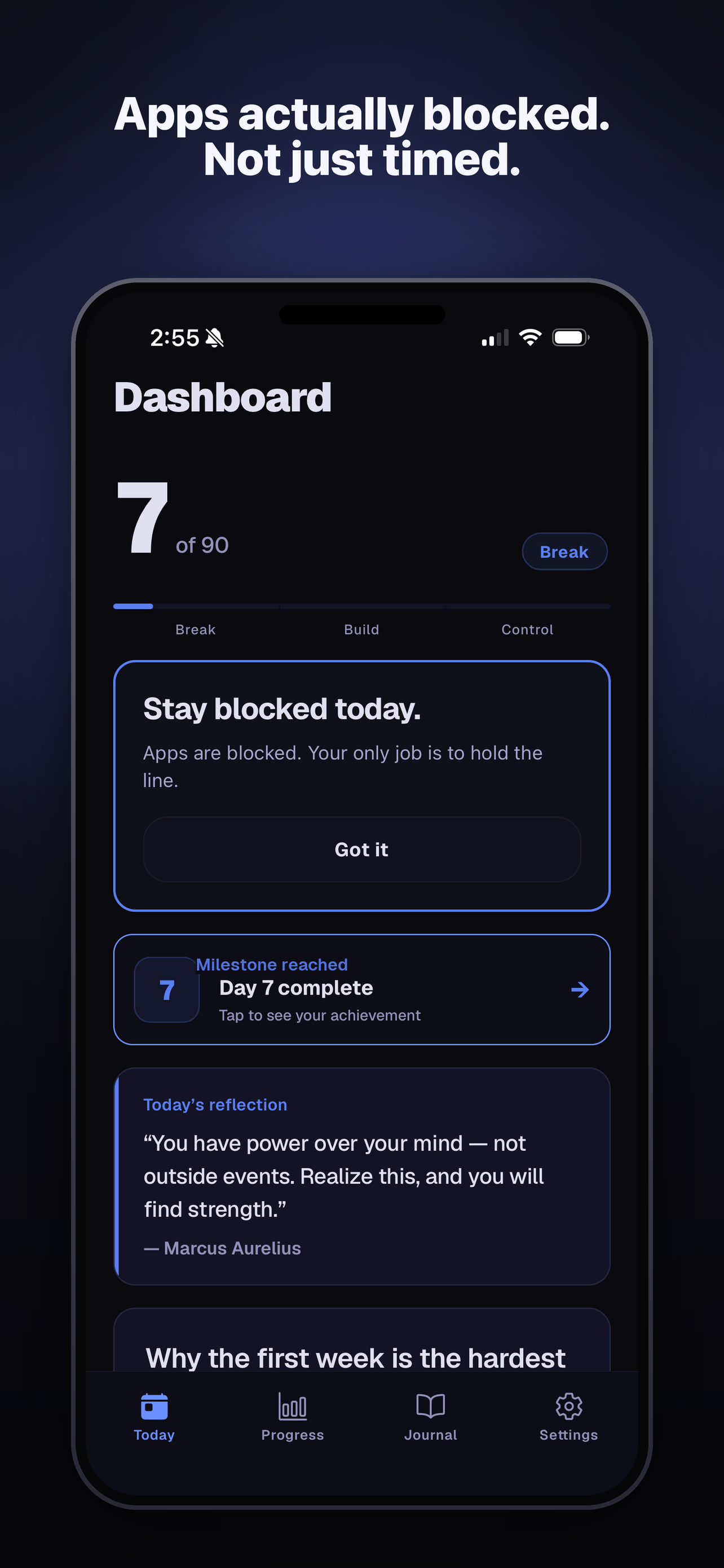 Dashboard — apps actually blocked, not just timed, on Day 7 of 90