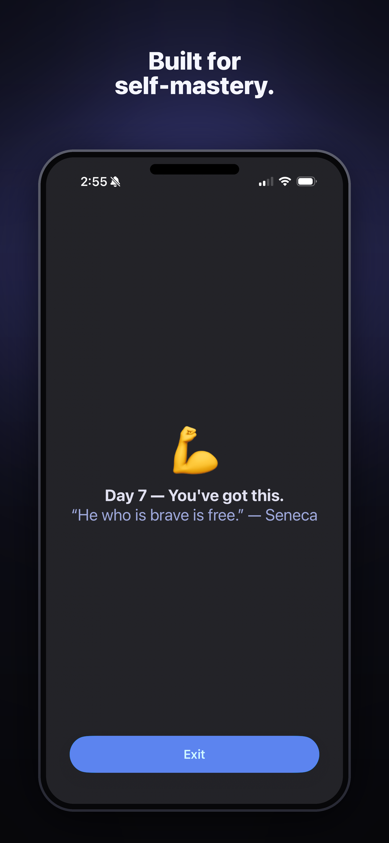 The block screen — Day 7, with a rotating Stoic quote
